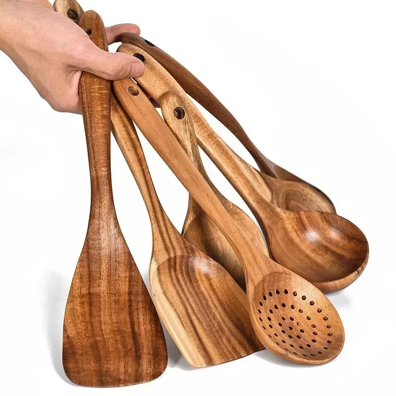 Teakcraft™ Natural Wood Cooking Spoon – Long Handle Skimmer & Rice Scoop Made from Premium Thailand Teak